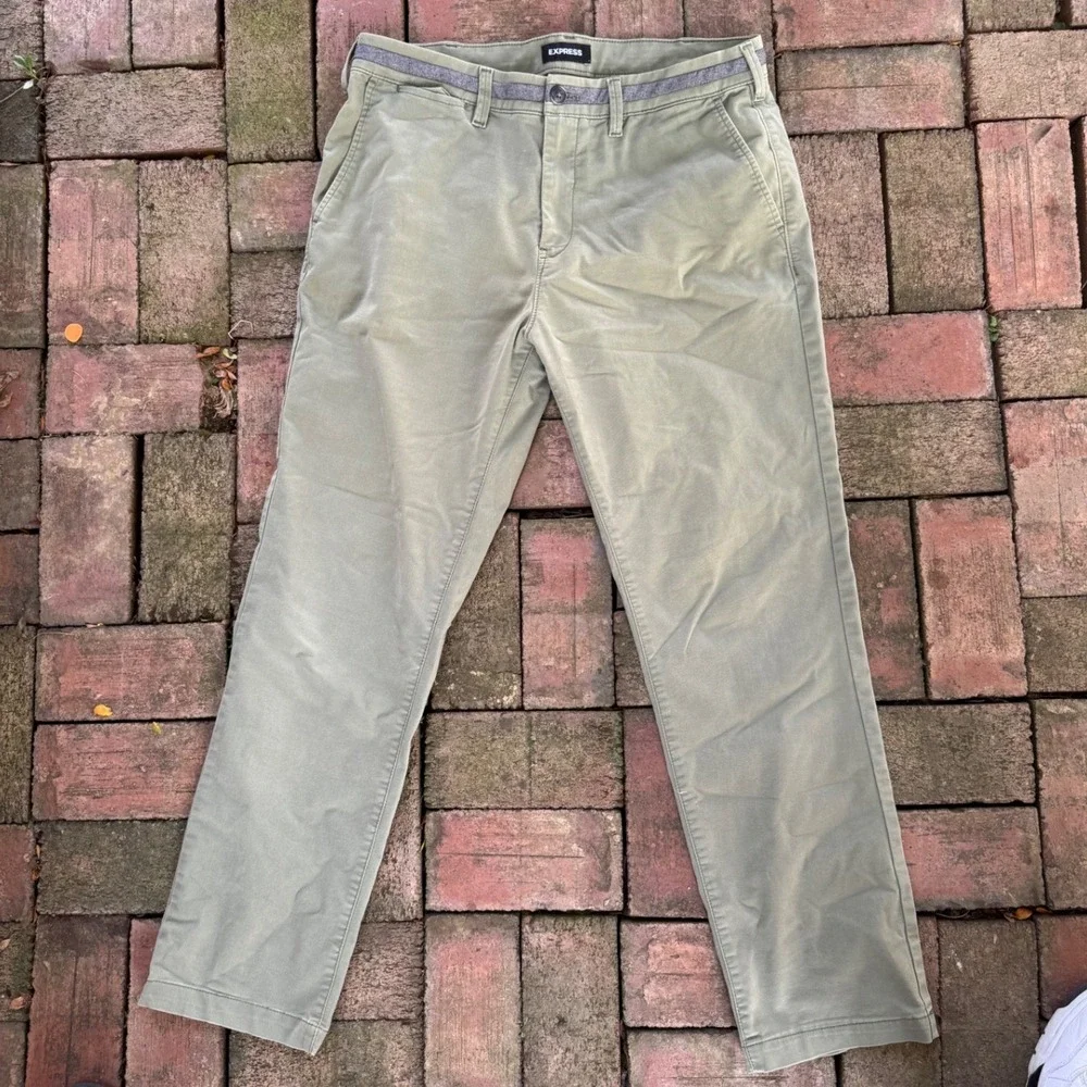 Express Mens Olive Green Chino Pants Straight Leg Flat Front Casual pants  34x28